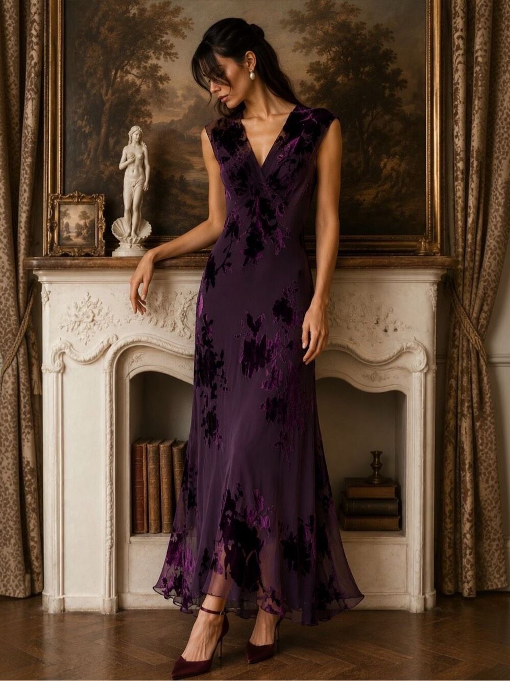 Vintage Jones New York Purple Silk Burnout Velvet Maxi Dress 10 Whimsigoth 90s